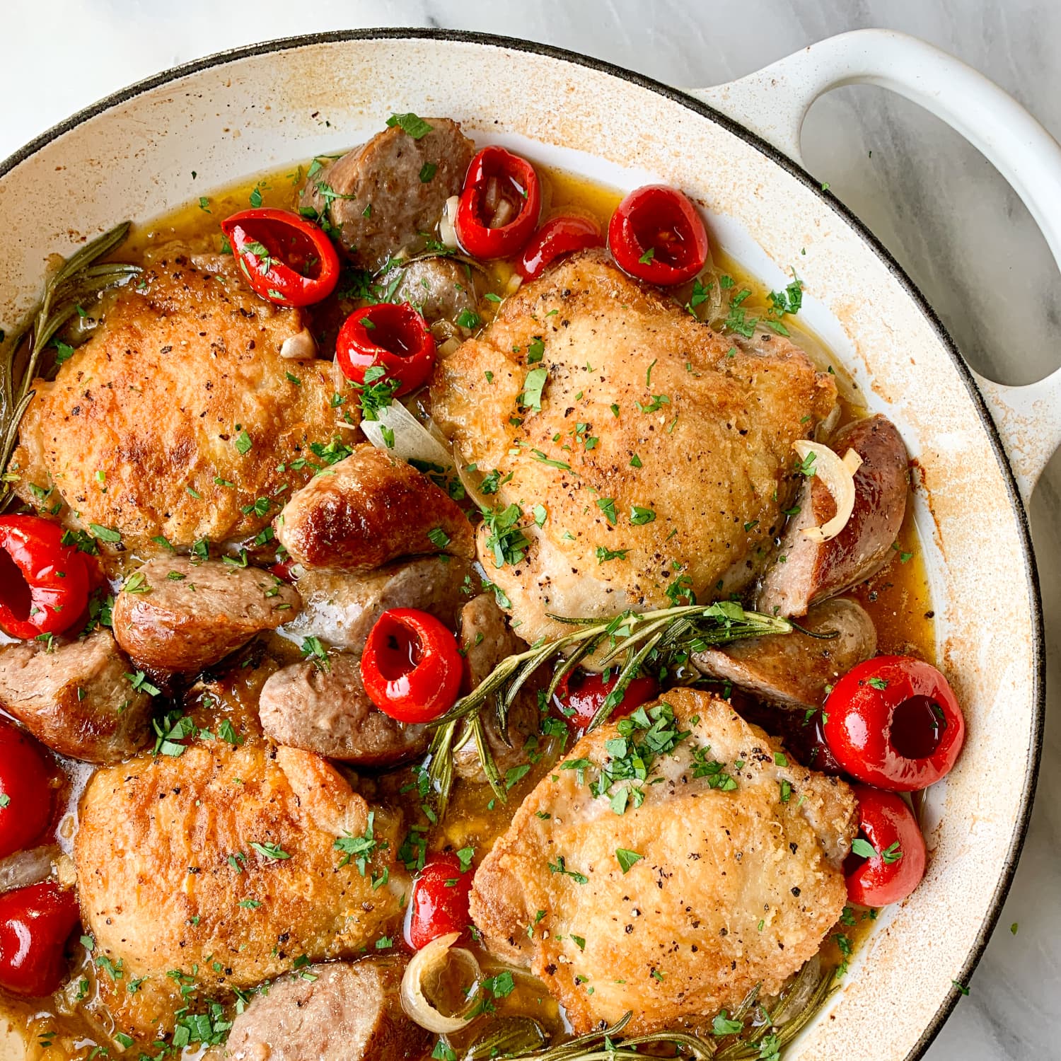 Chicken Scarpariello with Sausage and Peppadew Peppers